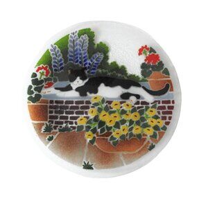 Cat in the Garden Fused Glass Plate By Peggy Karr 11.5"